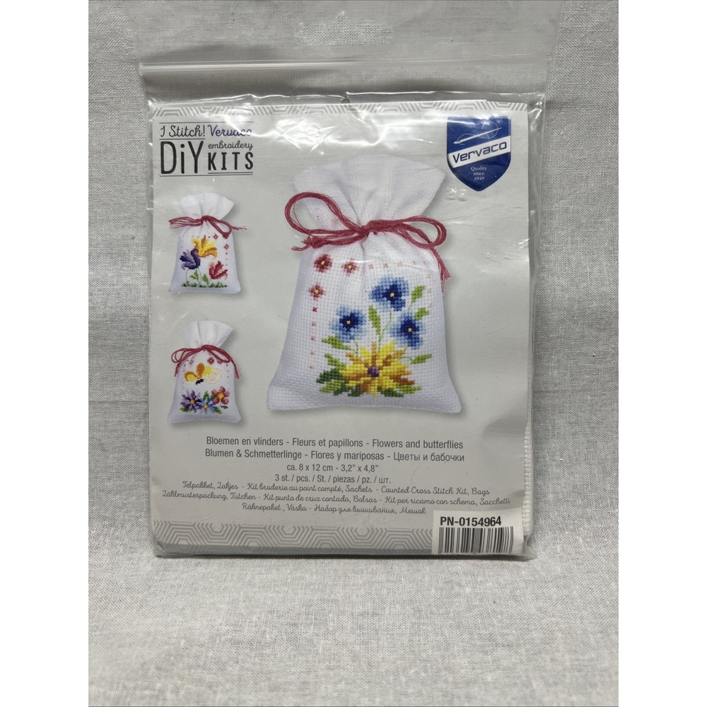 Vervaco DIY Kits Flowers And Butterflies Sachet Gift Bag Cross Stitch Kit New